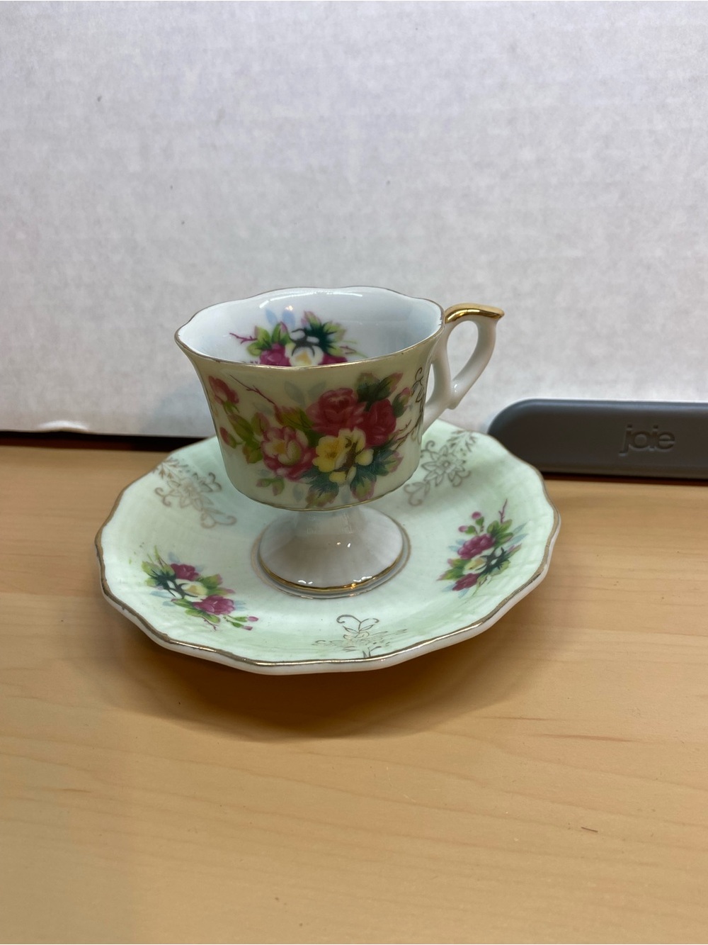 Vintage Pedestal Teacup and Saucer White/Pale Green with Pink & Yellow Flowers